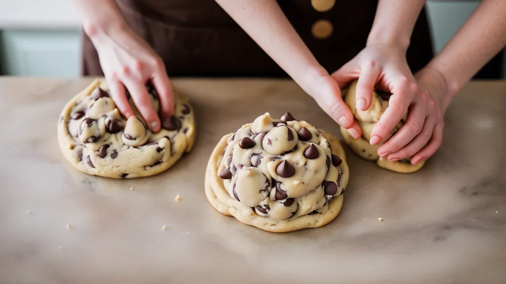 Manos boleando masa fría de 170 gramos para galletas New York en un negocio casero de repostería