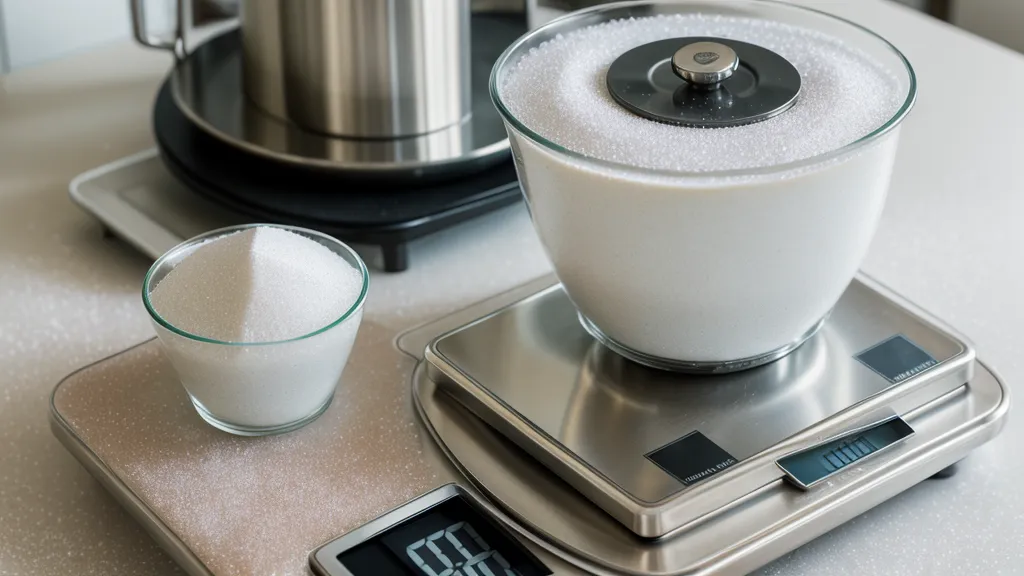 Primer plano de una báscula digital pesando azúcar para una receta de repostería.
