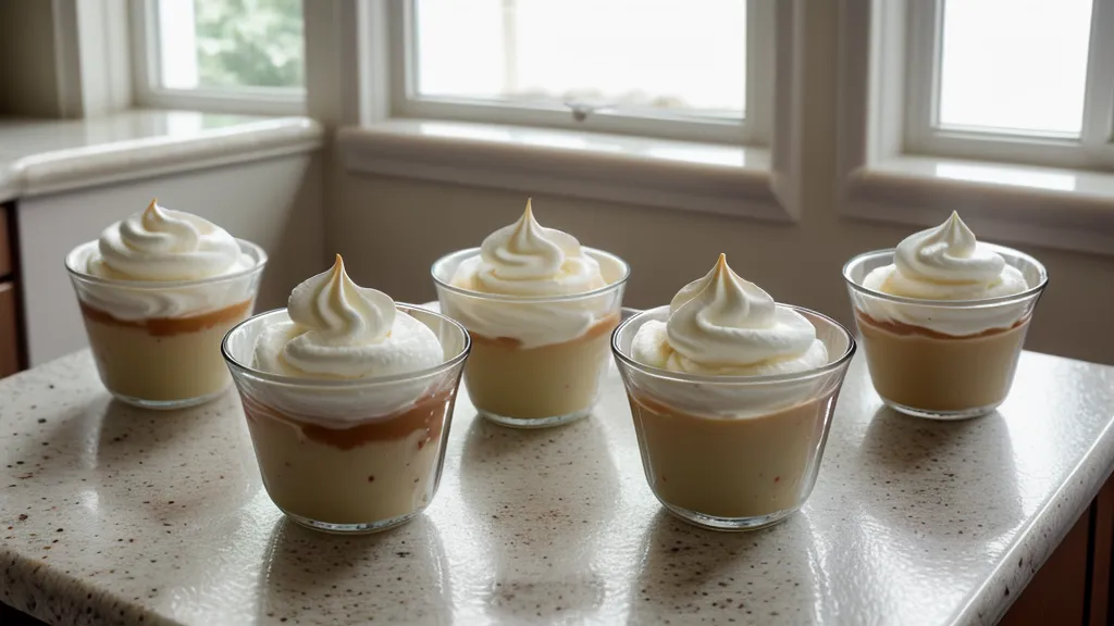 Primer plano de vasitos de postre de 2 onzas con capas de mousse y fruta