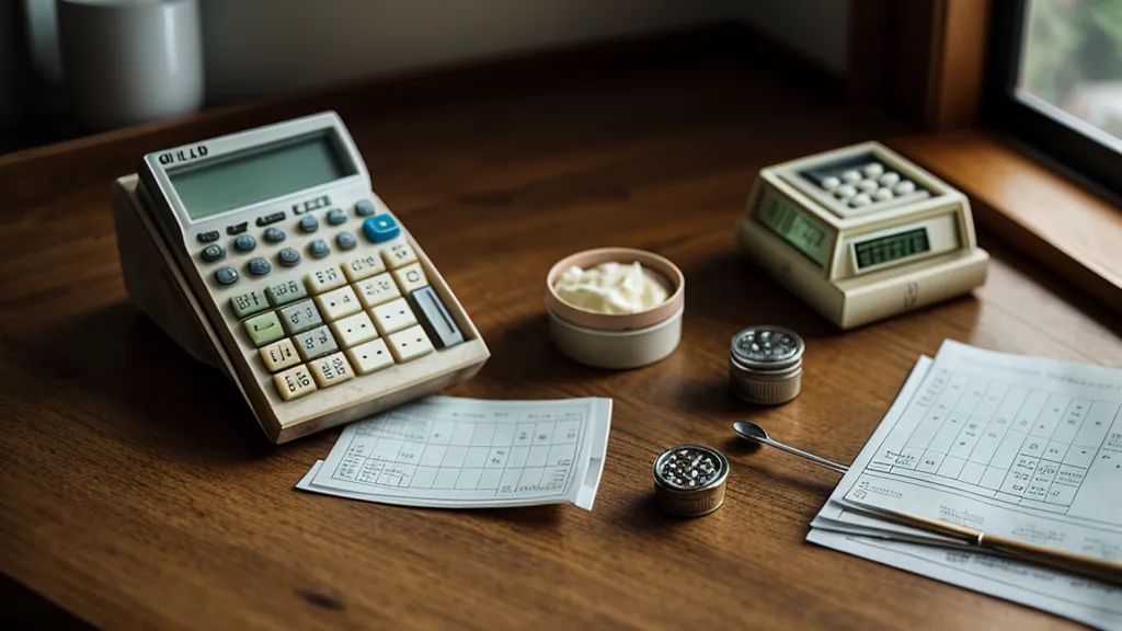 Calculadora con manchas de dulce de leche y tickets de compra usados para calcular finanzas para reposteras