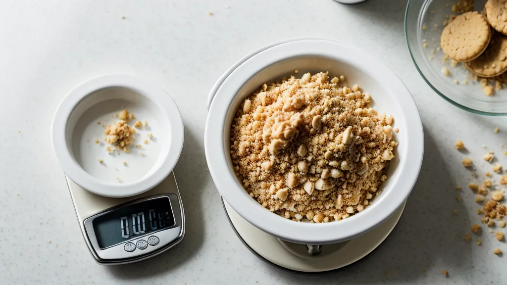 Báscula digital pesando una porción de crema para postre en vaso en una cocina casera.