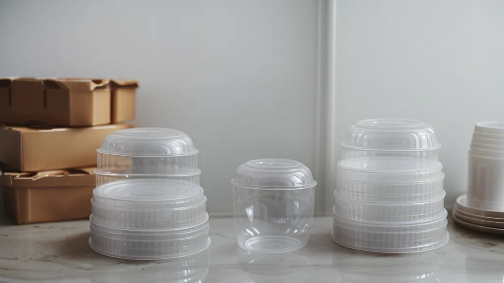 Mangas de vasos de plástico y tapas domo apiladas sobre una mesa plegable de trabajo.