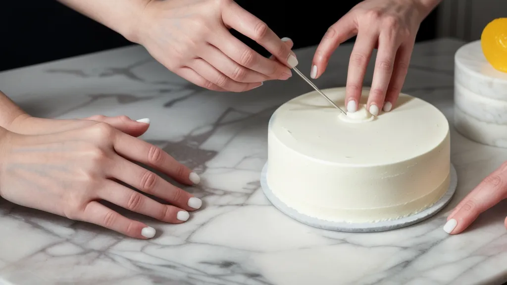 Colocación de soportes internos para asegurar la estructura de un pastel de varios pisos