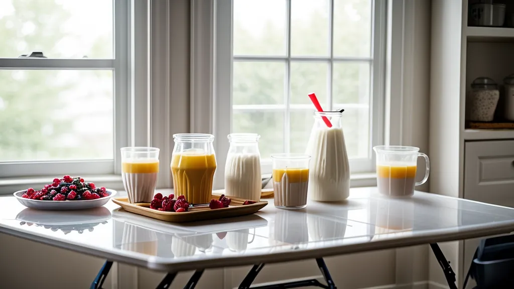 Equipo de repostería para postres en vaso: mesa plegable con vasos de plástico y batidora de mano en una cocina pequeña.