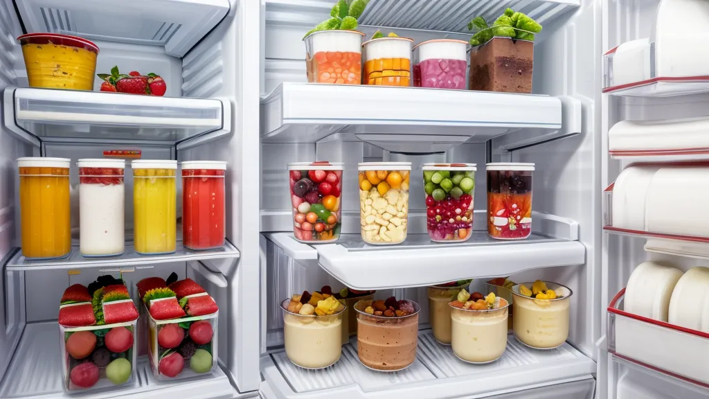 Postres en vaso organizados dentro de un refrigerador con etiquetas de fecha