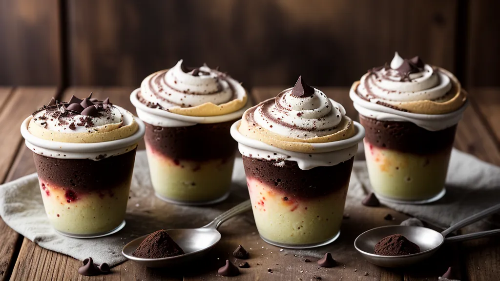 Detalle de postres en vaso con capas de chocolate y galleta en una cocina real