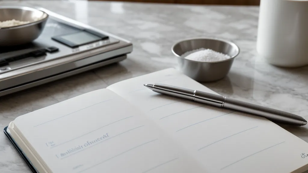 Libreta con apuntes de costos de ingredientes y calculadora en una cocina