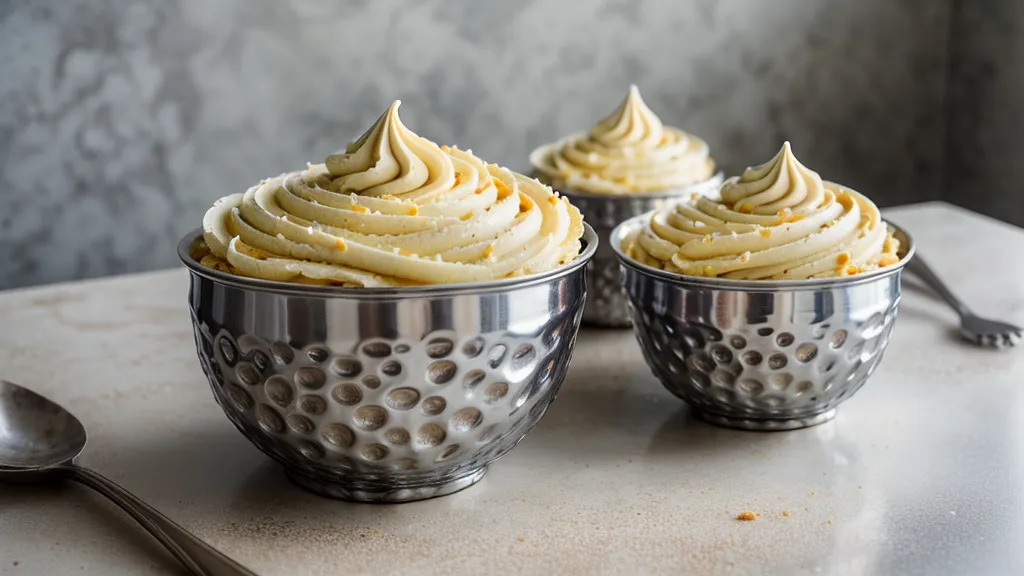 Buttercream con textura suave batido en tazón metálico, mantequilla profesional para repostería