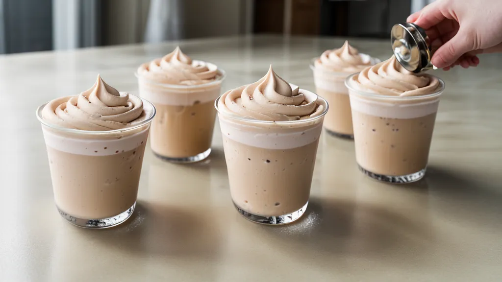 Primer plano de llenado de vasitos de 2 onzas con mousse de chocolate