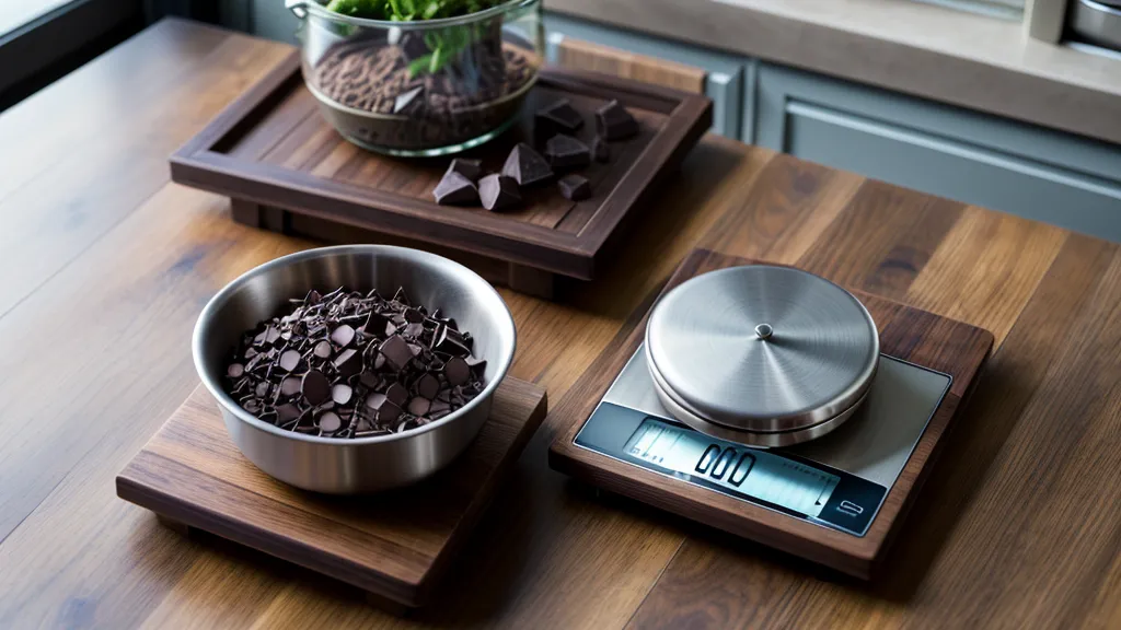 Ingredientes para ganache y libreta de notas en una mesa de cocina