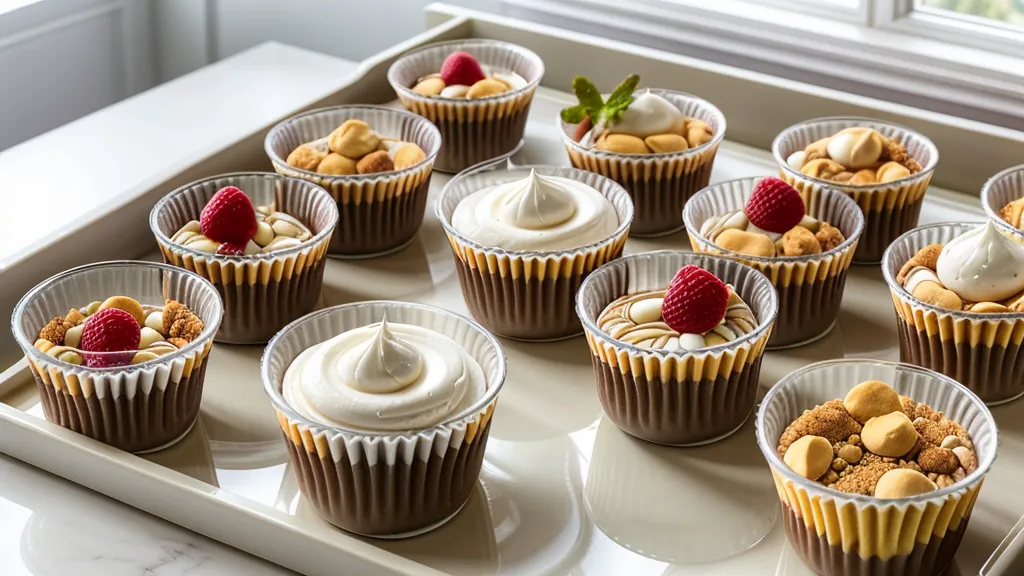 Postres en vaso listos para entrega sobre mesa plegable, ejemplo de negocio rentable de repostería desde cero