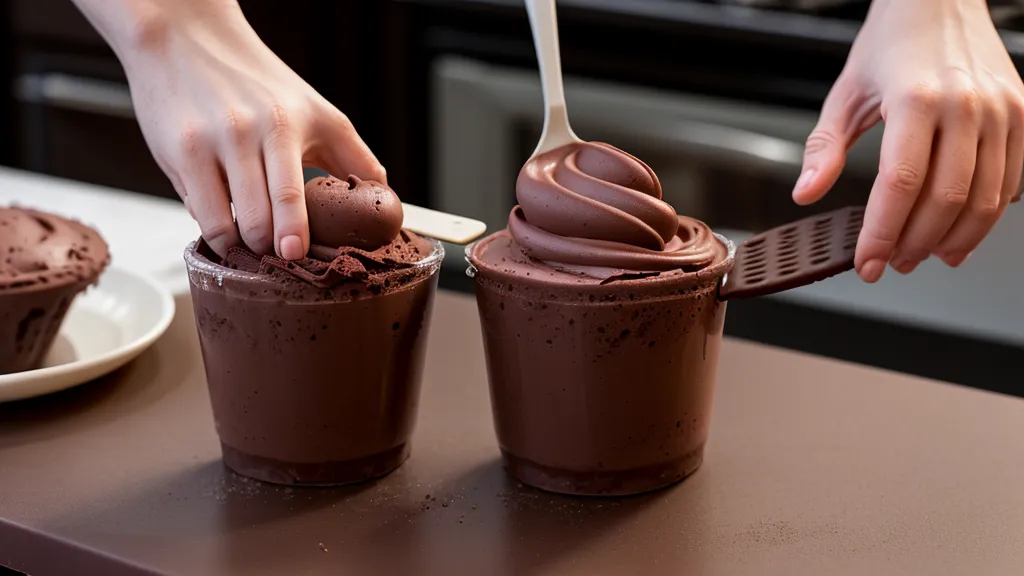Manos armando un postre en vaso con utensilios básicos, sin equipo industrial de repostería.