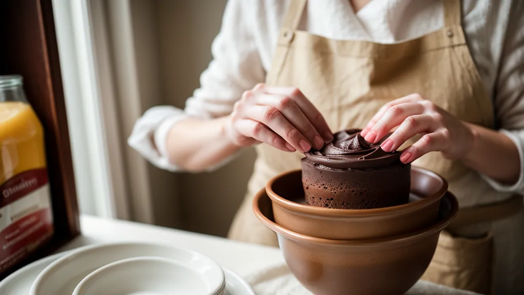Manos preparando postres en vaso de chocolate en una cocina familiar.