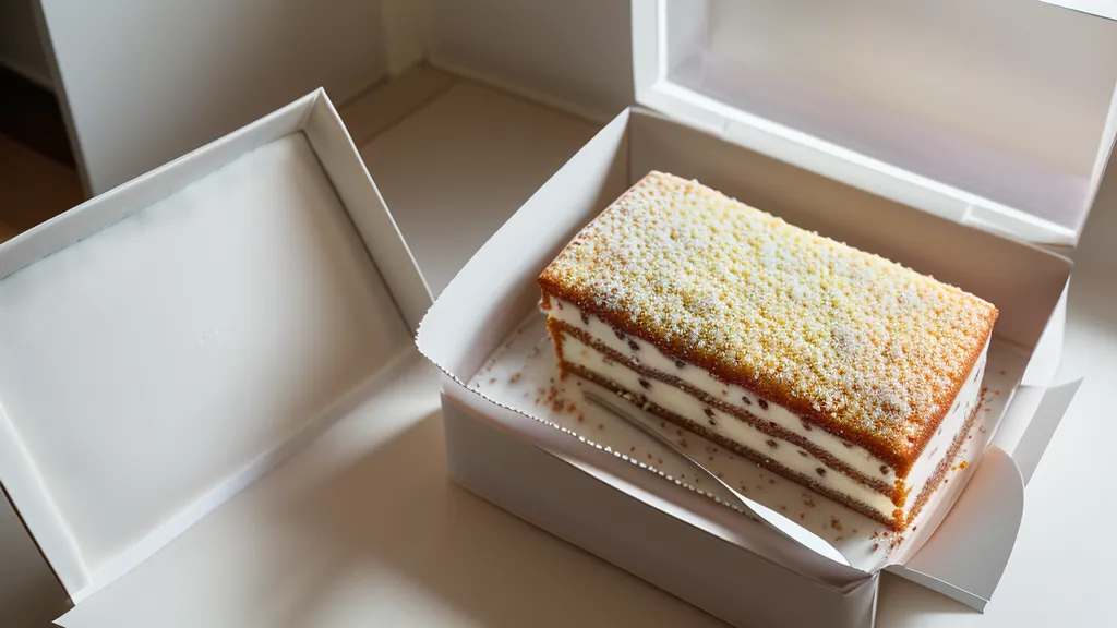 Colocando un pastel decorado en su caja de entrega en una cocina iluminada.