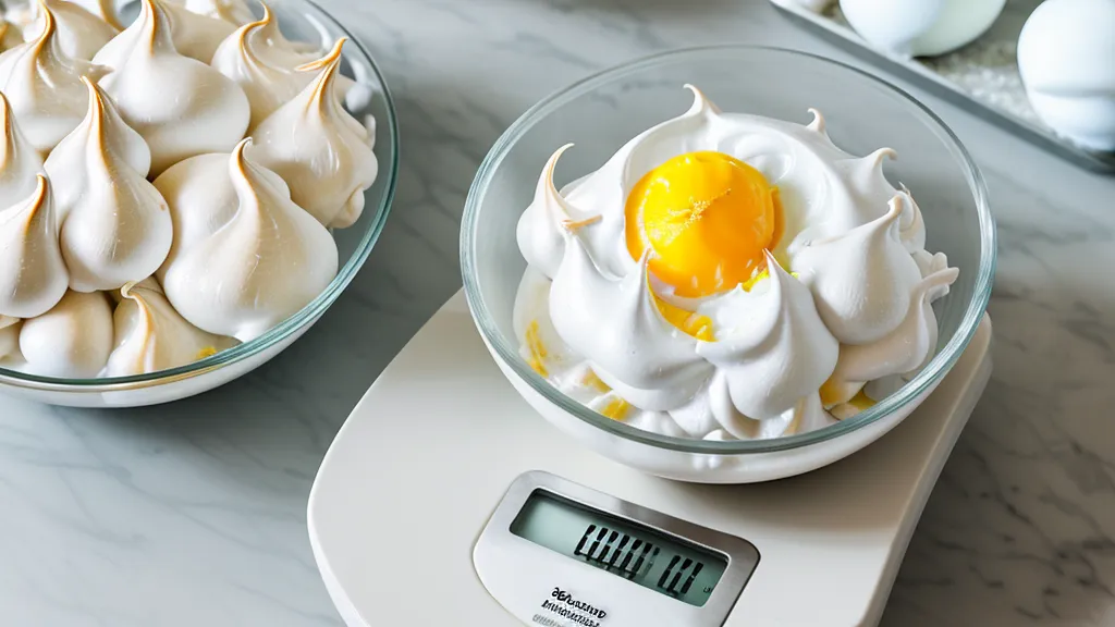 Ingredientes pesados en una báscula digital para preparar merengue estable.