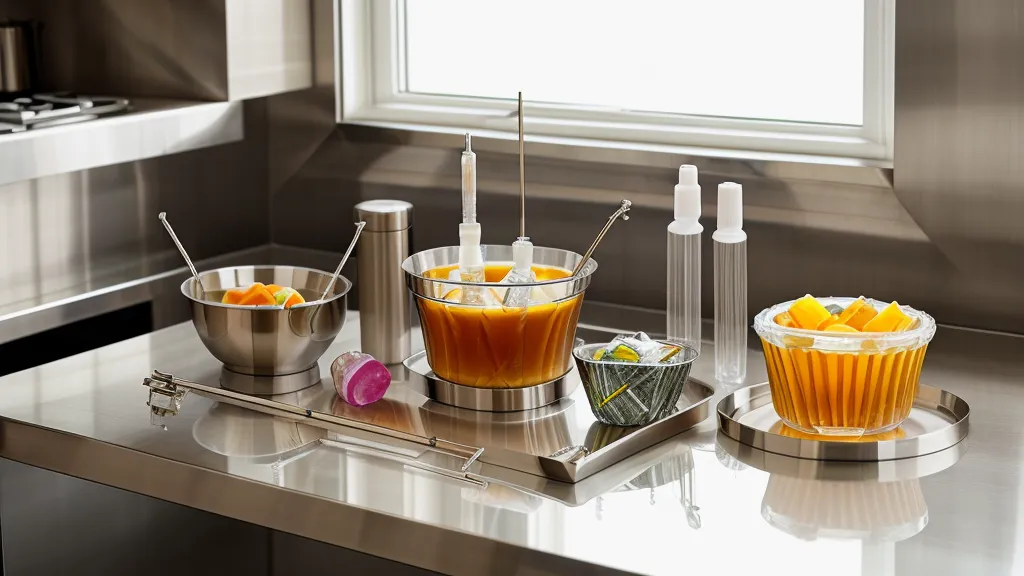 Herramientas de acero inoxidable y jeringas para crear flores en gelatinas