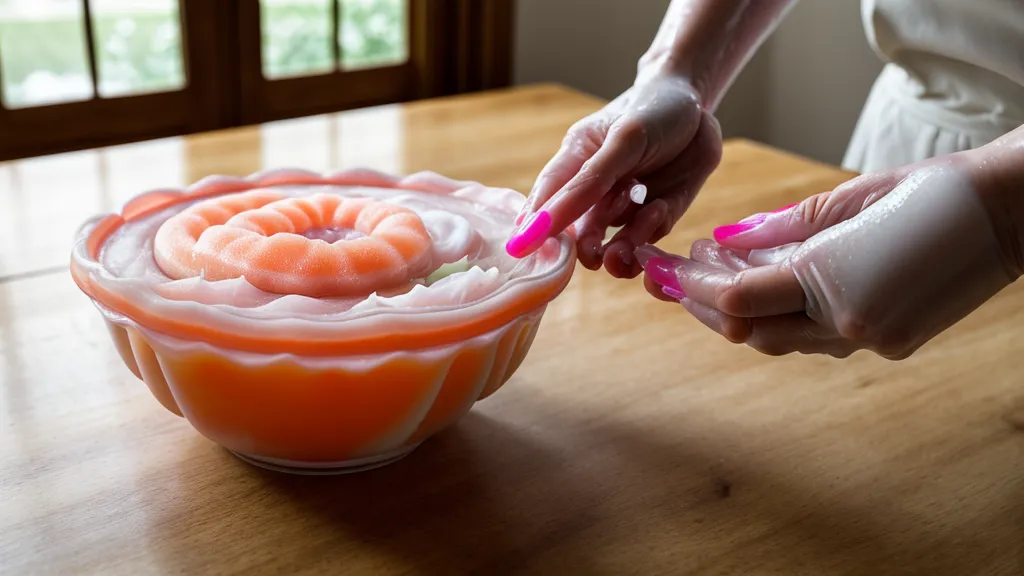 Manos inyectando pétalos de colores en una base de gelatina transparente