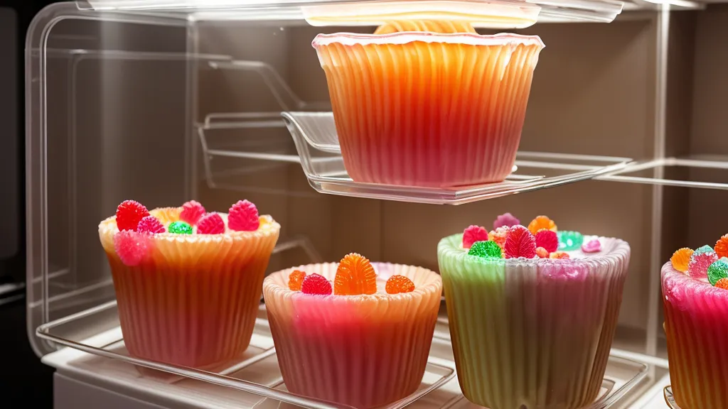 Postres de gelatina artística en vasos individuales dentro de un refrigerador