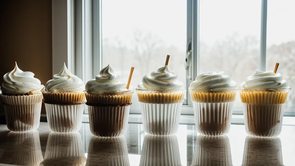 Fila de vasitos de 2 onzas rellenados con mousse de chocolate, la unidad básica de un negocio de mini postres en vaso